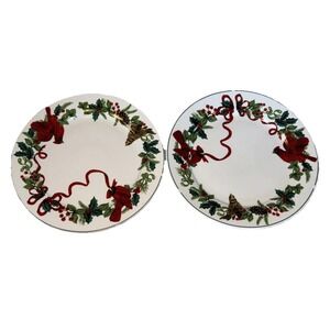 Royal Norfolk Set of 2 Christmas Cardinal Holly Ribbon Berry Dinner Plates Flaw